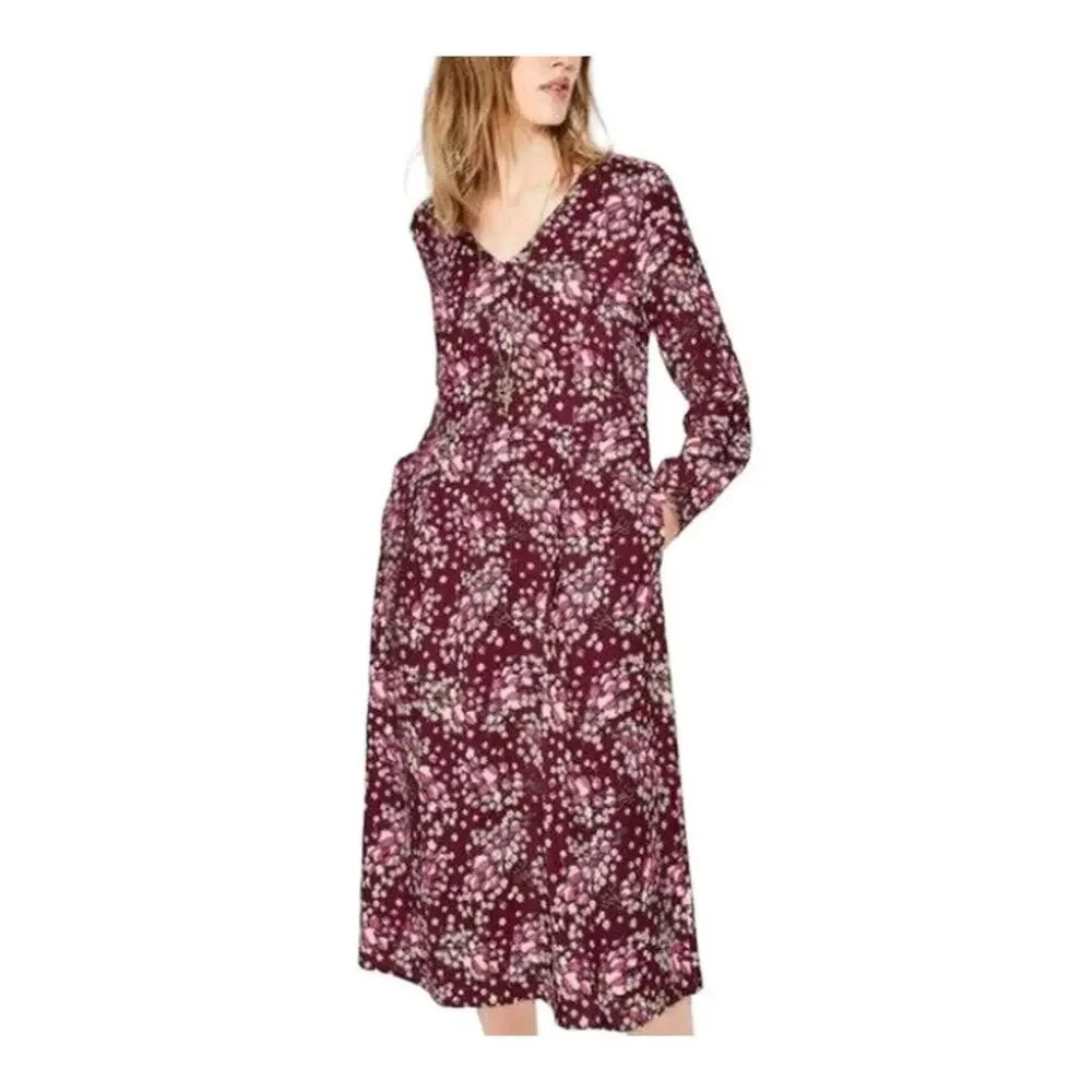 Boden Easy Midi Dress Mulled Wine Autumnal Leaves Burgundy Floral Soft Size 6P - Picture 2 of 6